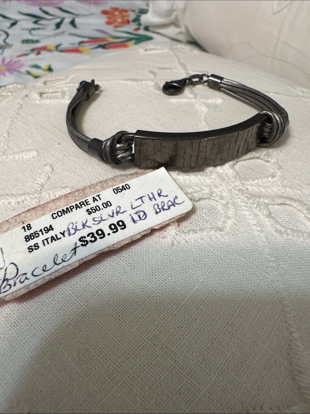 Unbranded Silver Leather Bracelet with Textured Gunmetal Plate